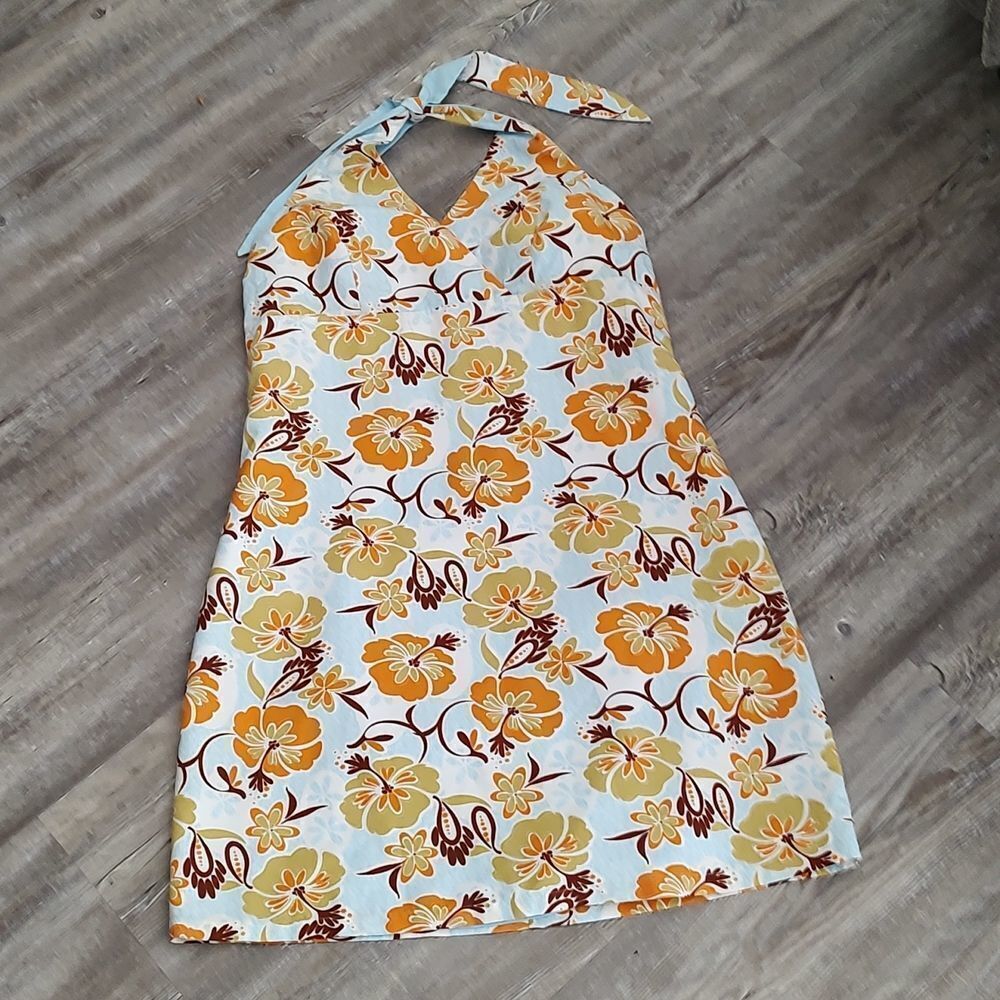 Reversible baby blue  solid floral print halter  beach party dress Sz XS